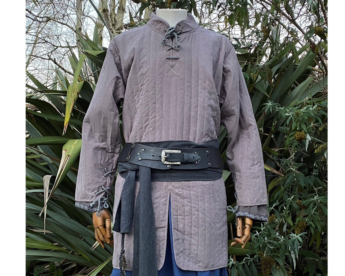 grey cotton medieval gambeson with a high collar, laced chest and wrists for LARP and.