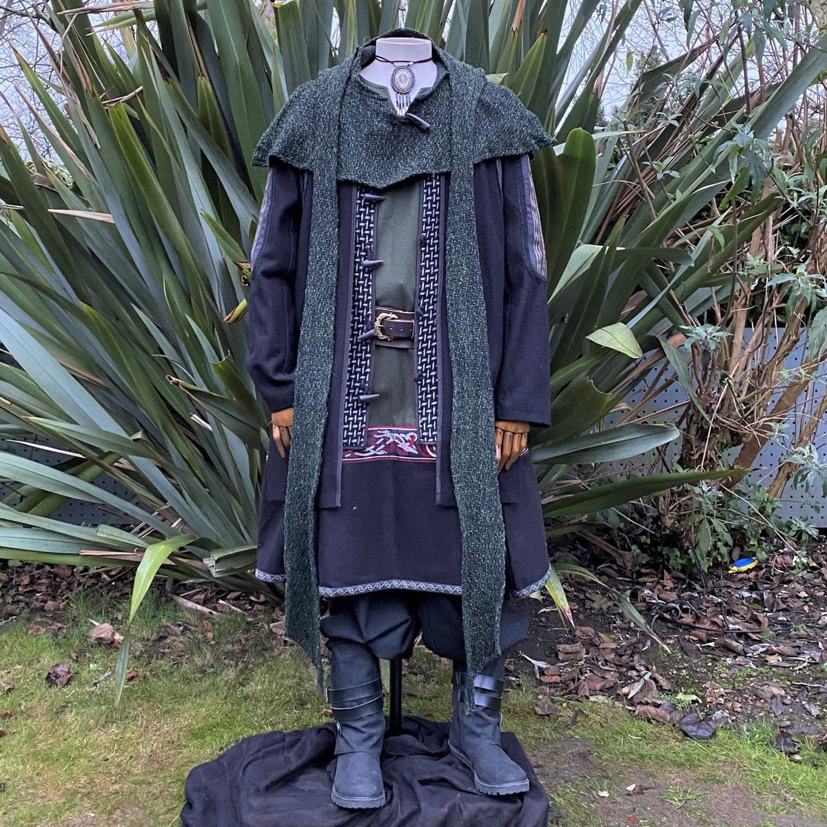 LARP Woodland Druid Set with green jacket, tunic, and hood on mannequin.