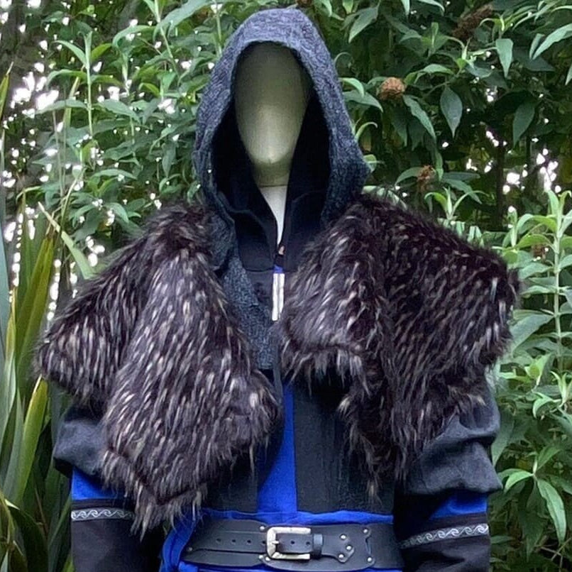 Medieval LARP outfit front view, featuring a grey wrap-around hood, and black and brown faux-fur.