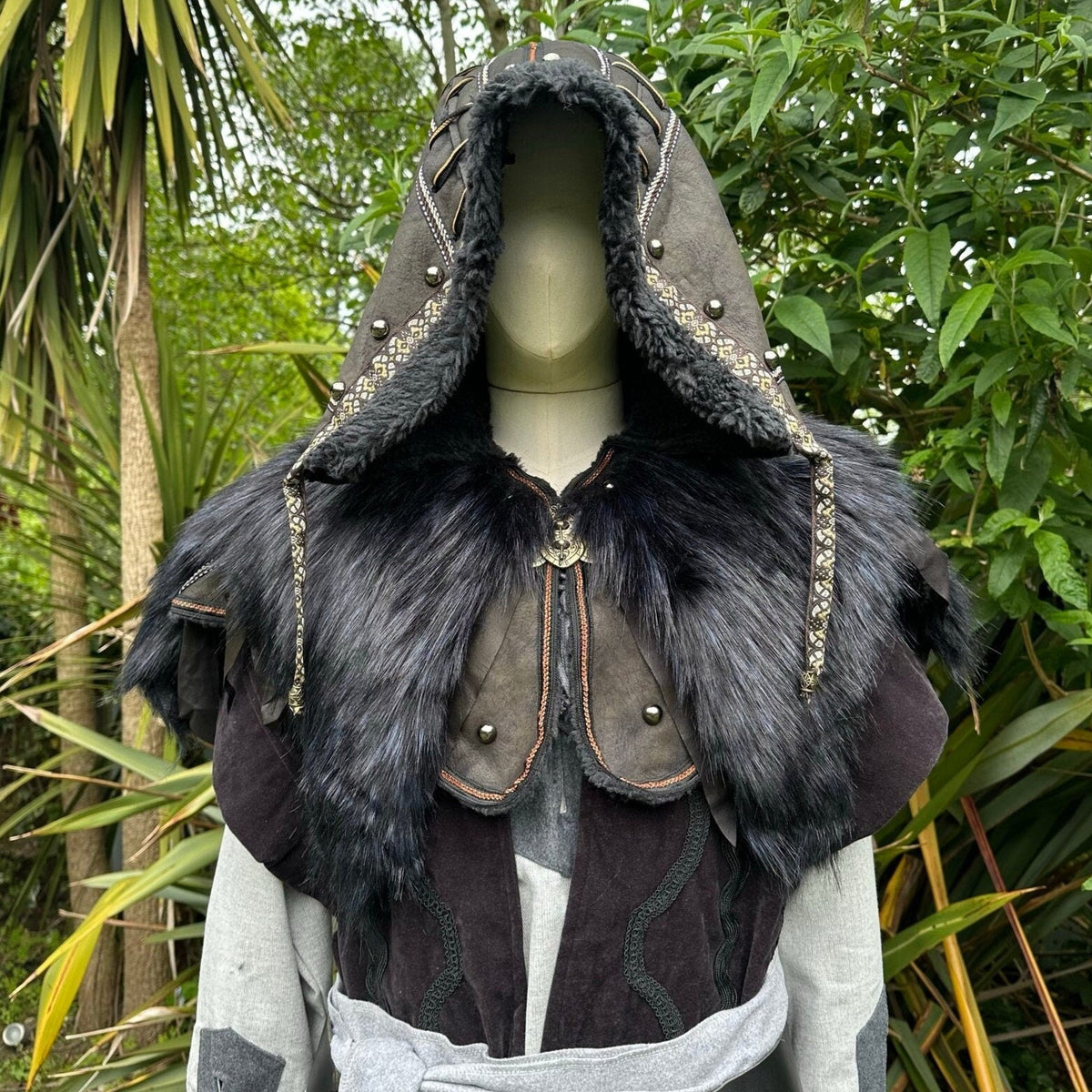Black LARP hood with fur trim, frontal view.