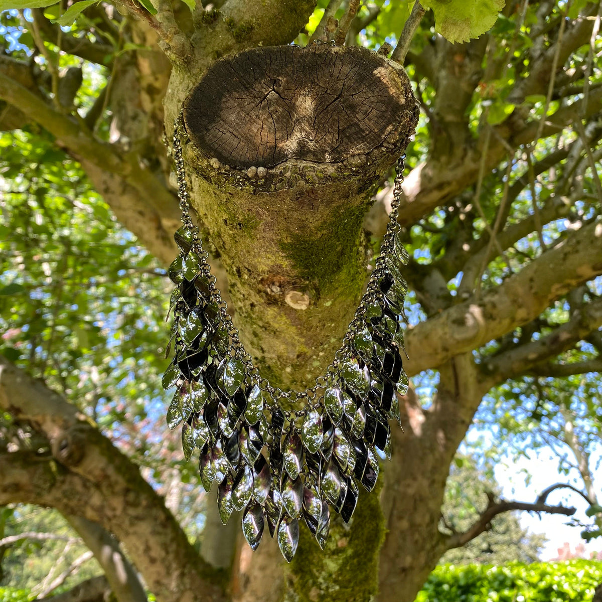 LARP chainmail necklace hanging on tree, silver leaves glistening in sunlight.