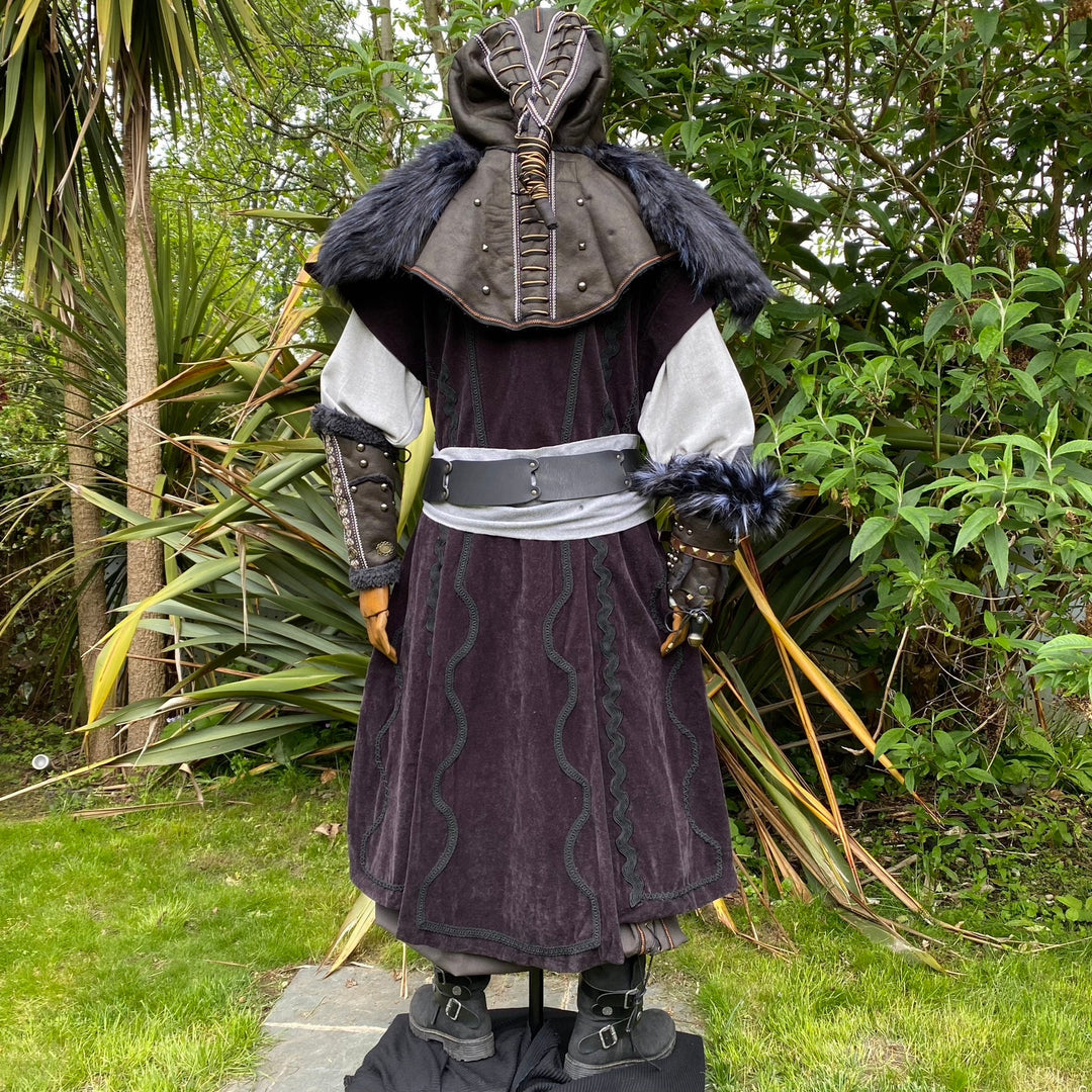Mountain Alchemist LARP Outfit - 6 Pieces; Suede Effect Black Waistcoat, Faux Leather Fleeced Lined Hood, Vambraces, Tunic, Pants, Sash - Chows Emporium Ltd
