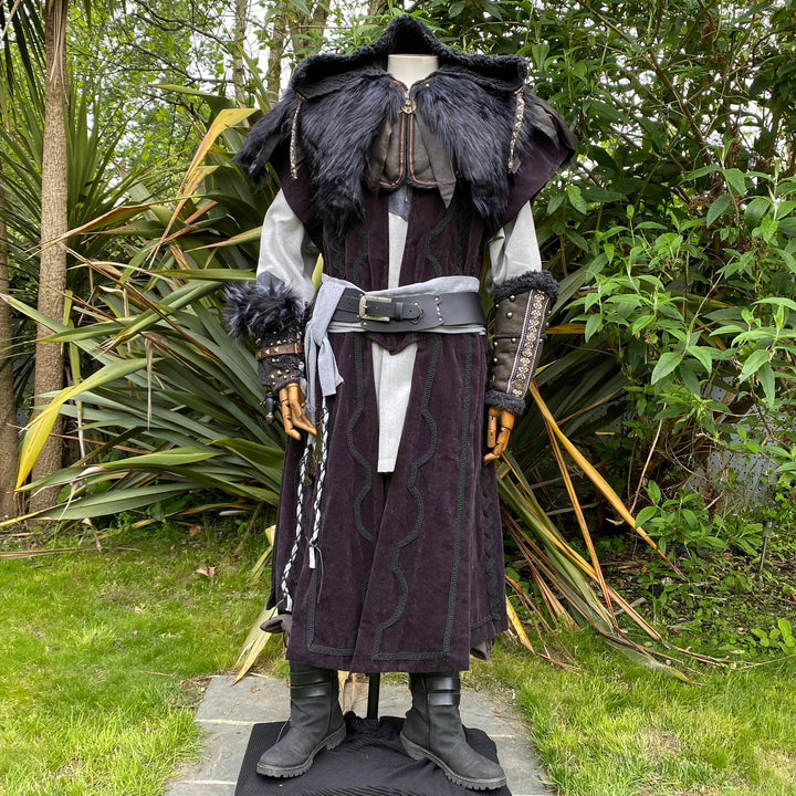 Mountain Alchemist LARP Outfit - 6 Pieces; Suede Effect Black Waistcoat, Faux Leather Fleeced Lined Hood, Vambraces, Tunic, Pants, Sash - Chows Emporium Ltd