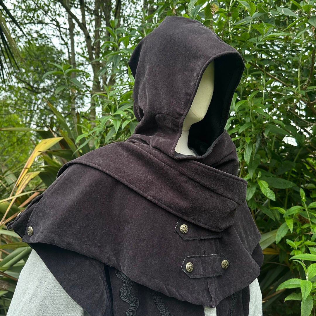 This LARP Hood is Grey with a Wrap Around extention. This Viking Scarf Hood is made of Faux Suede Effect, and is Water Resistant and Warm: perfect for your LARP Character and LARP Costume, Cosplay Event, and Ren Faire.