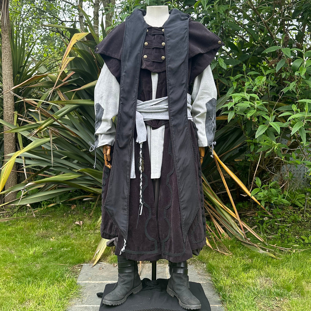 Wize Wizard LARP Outfit - 5 Pieces; Black Suede Effect Panel Waistcoat, Hood, Shirt, Pants, Sash - Chows Emporium Ltd