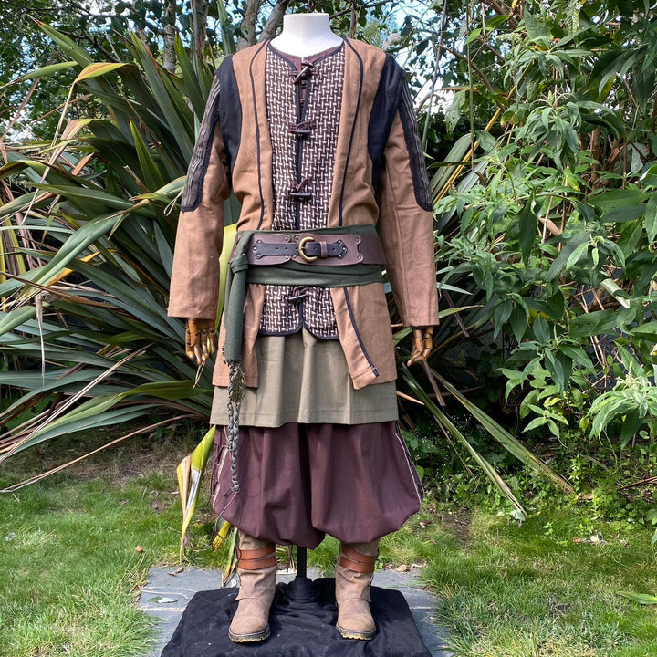 Druid of Middle Earth LARP Outfit - 5 Pieces; Brown Jacket, Tunic, Pants, Hood, Sash - Chows Emporium Ltd
