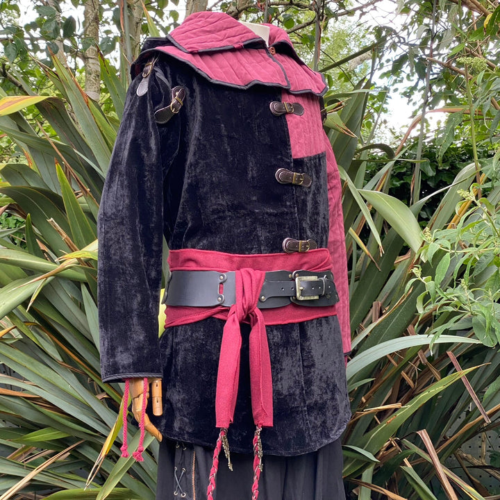 Rogue Warrior LARP Outfit - 2 Pieces; Black and Red, Suede Effect Gambeson Jacket & Hood - Chows Emporium Ltd