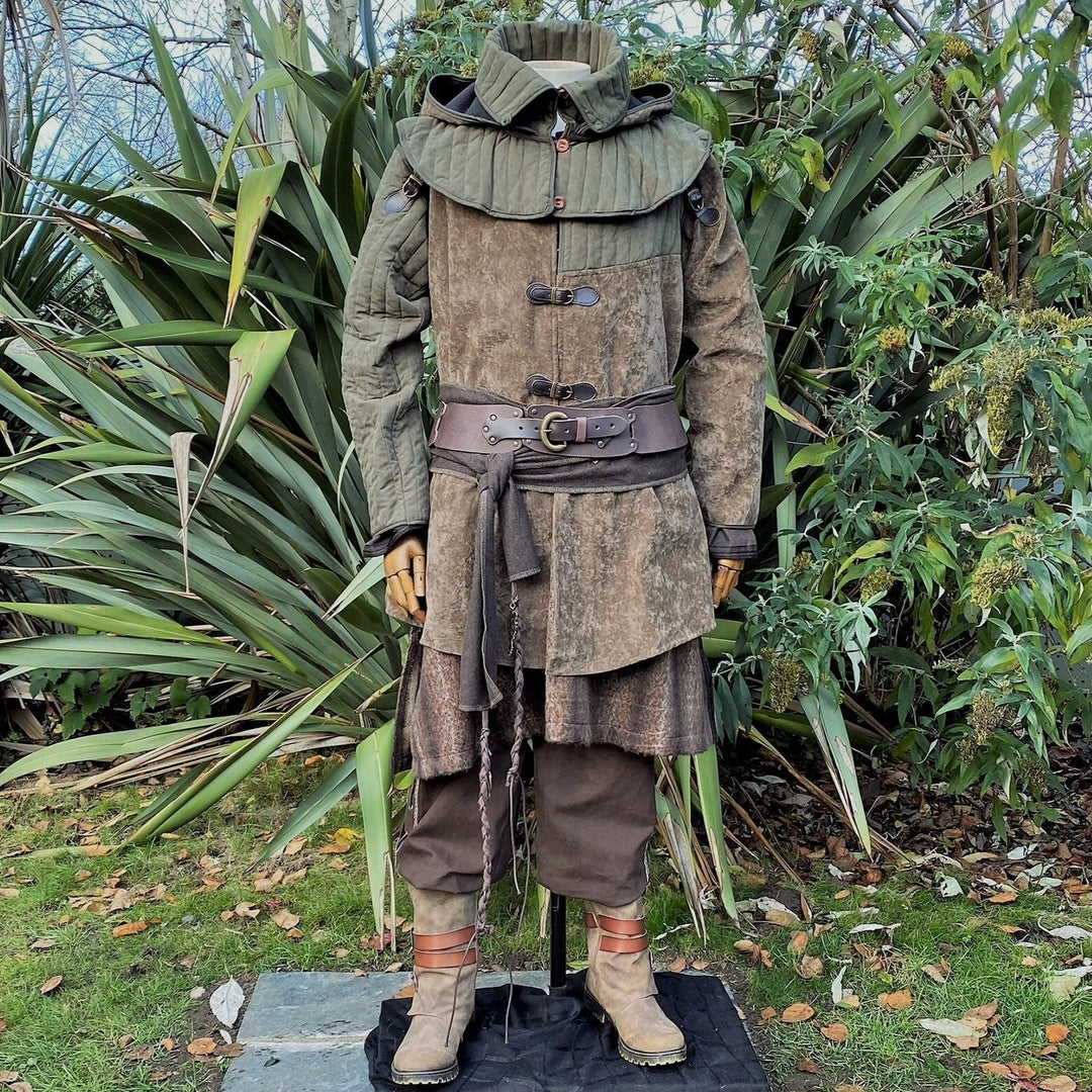 Forest Warrior LARP Outfit - 3 Pieces; Green & Brown Gambeson Jacket, Gambeson Hood, Mohair Tunic - Chows Emporium Ltd