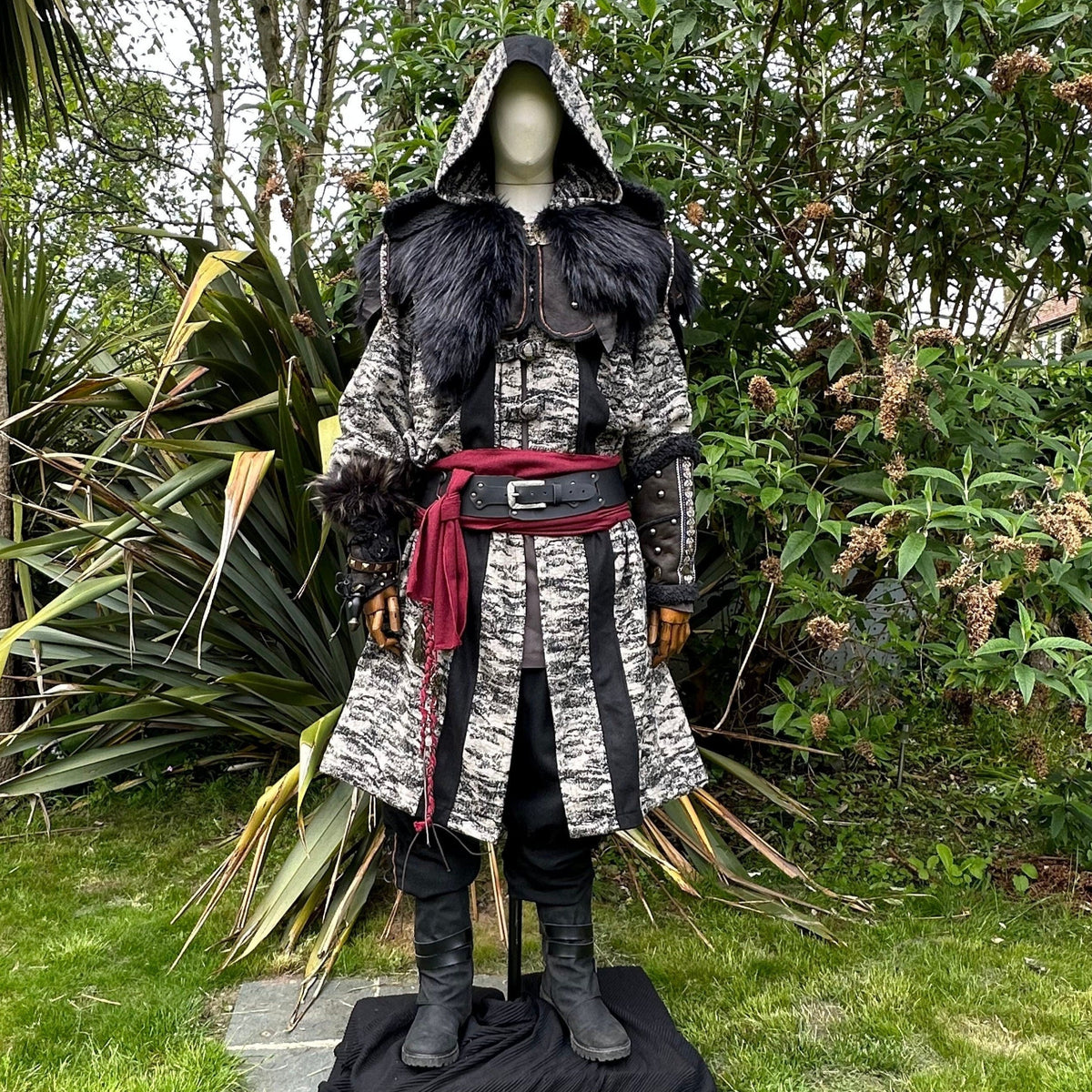 LARP battle mage set with hooded robe and vambraces, grey and black, front view.