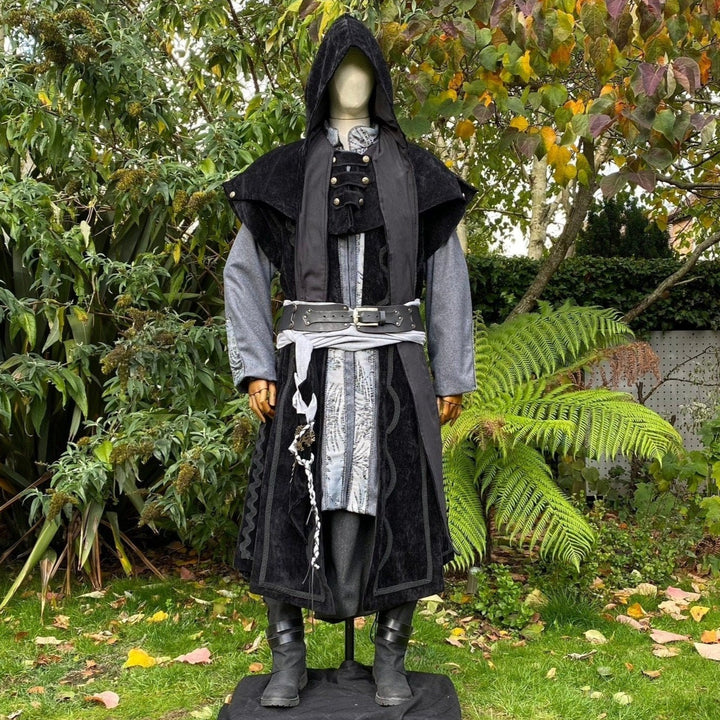 Dark King LARP Outfit - 6 Pieces; Black Panel Waistcoat, Coat, Hood, Shirt, Pants, Sash - Chows Emporium Ltd