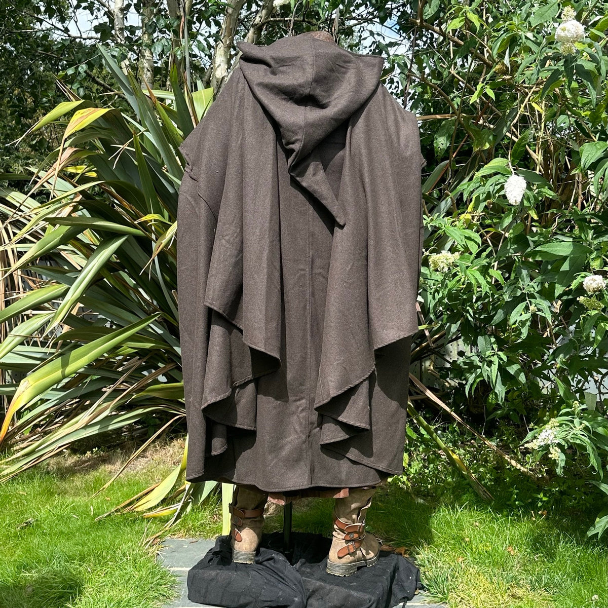 Dark brown hooded medieval cloak, rear view, for LARP and cosplay.