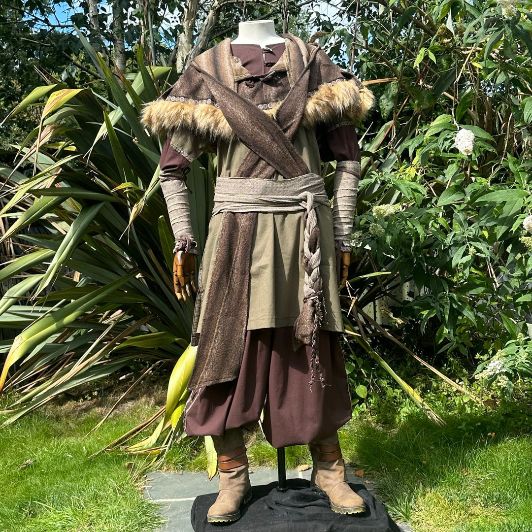 Forest Alchemist LARP Outfit - 5 Pieces; Brown & Green, Tunic, Hood, Arm Wraps, Pants, Sash - Chows Emporium Ltd