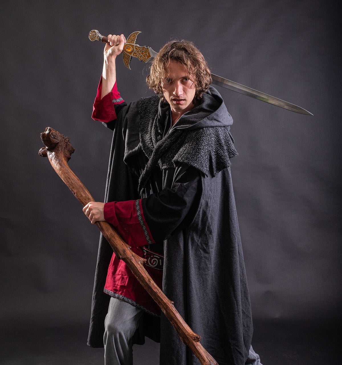 Front view of grey medieval LARP cloak, fantasy cosplay costume for rangers, druids, or wizards.