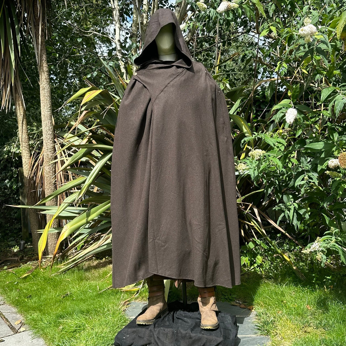 Brown cloak and hood for LARP medieval costume on mannequin.