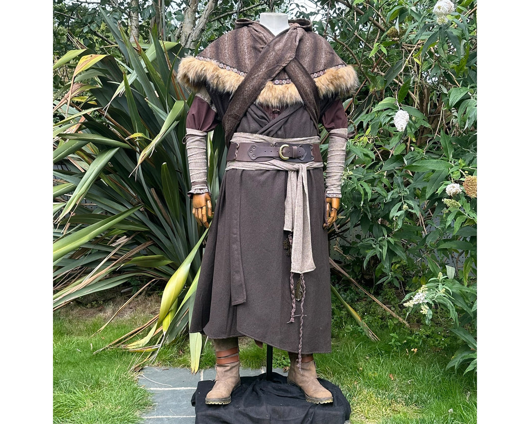 Forest Alchemist LARP Outfit - 5 Pieces; Brown & Green, Cloak, Hood, Arm Wraps, Belt, Sash - Chows Emporium Ltd
