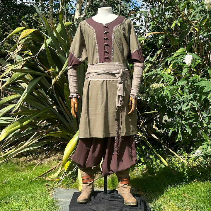 Forest Alchemist LARP Outfit - 5 Pieces; Brown & Green, Tunic, Hood, Arm Wraps, Pants, Sash - Chows Emporium Ltd