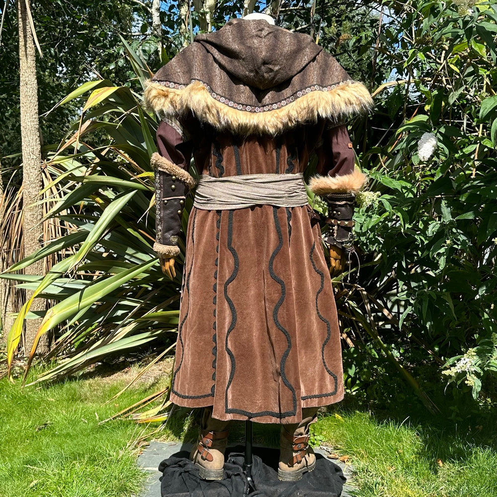 Dwarf Lord LARP Outfit - 7 Pieces; Brown Waistcoat, Green & Brown Tunic, Hood, Vambraces, Pants, Belt, Sash - Chows Emporium Ltd