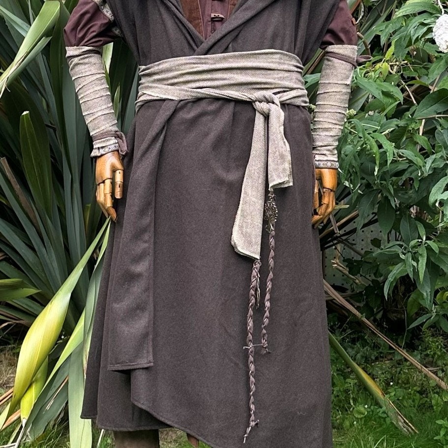 Forest Ranger LARP set: dark brown cloak, hood, arm wraps, and sash.
