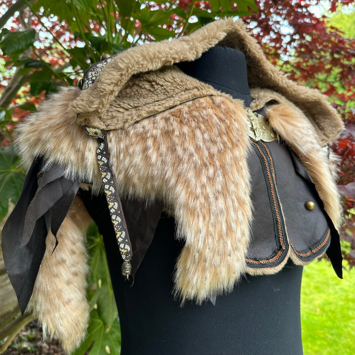 Brown faux fur and leather medieval LARP cloak with hood and details.