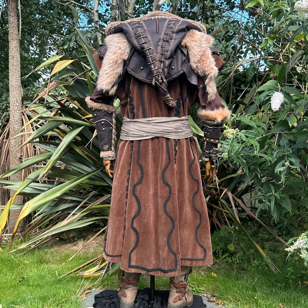 Dwarf Lord LARP Outfit - 4 Pieces; Brown Waistcoat, Faux Leather Ornate Hood, Vambraces, Sash - Chows Emporium Ltd