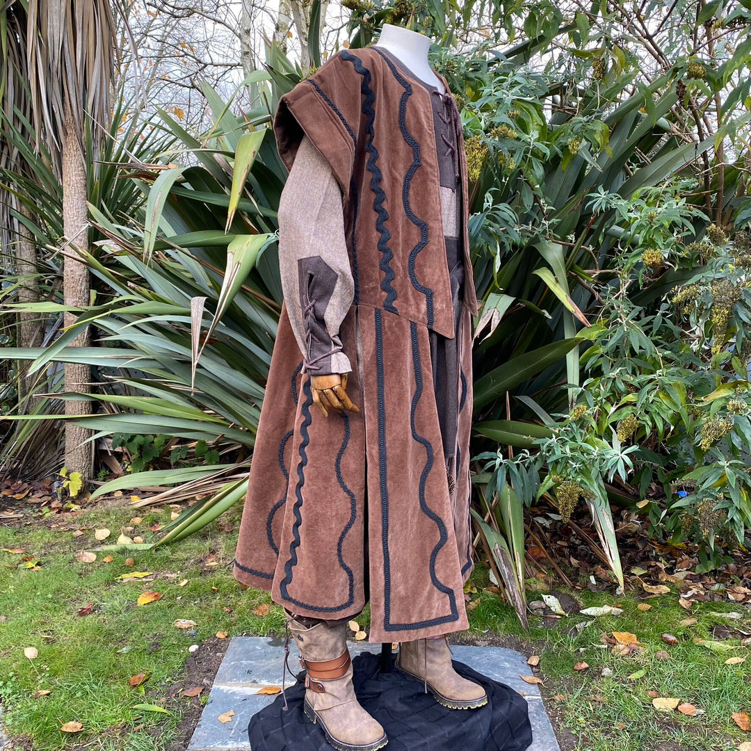 Dwarf Lord LARP Outfit - 4 Pieces; Brown Waistcoat, Faux Leather Ornate Hood, Vambraces, Sash - Chows Emporium Ltd